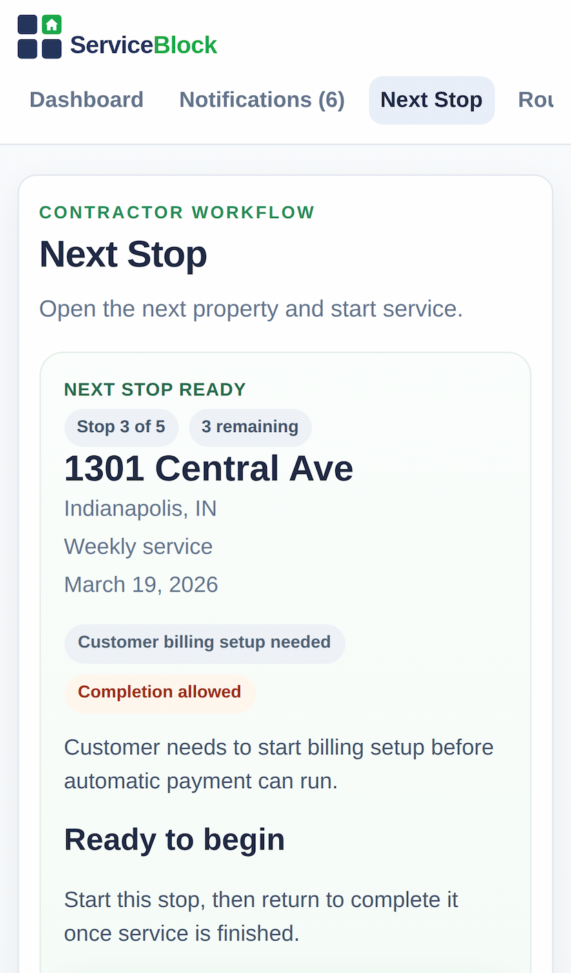 ServiceBlock next stop mobile screen