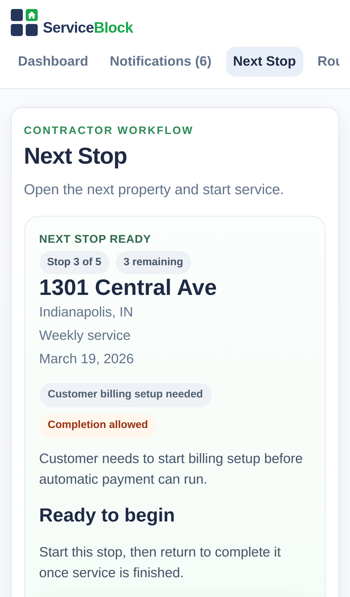 Mobile screenshot of the contractor next stop screen