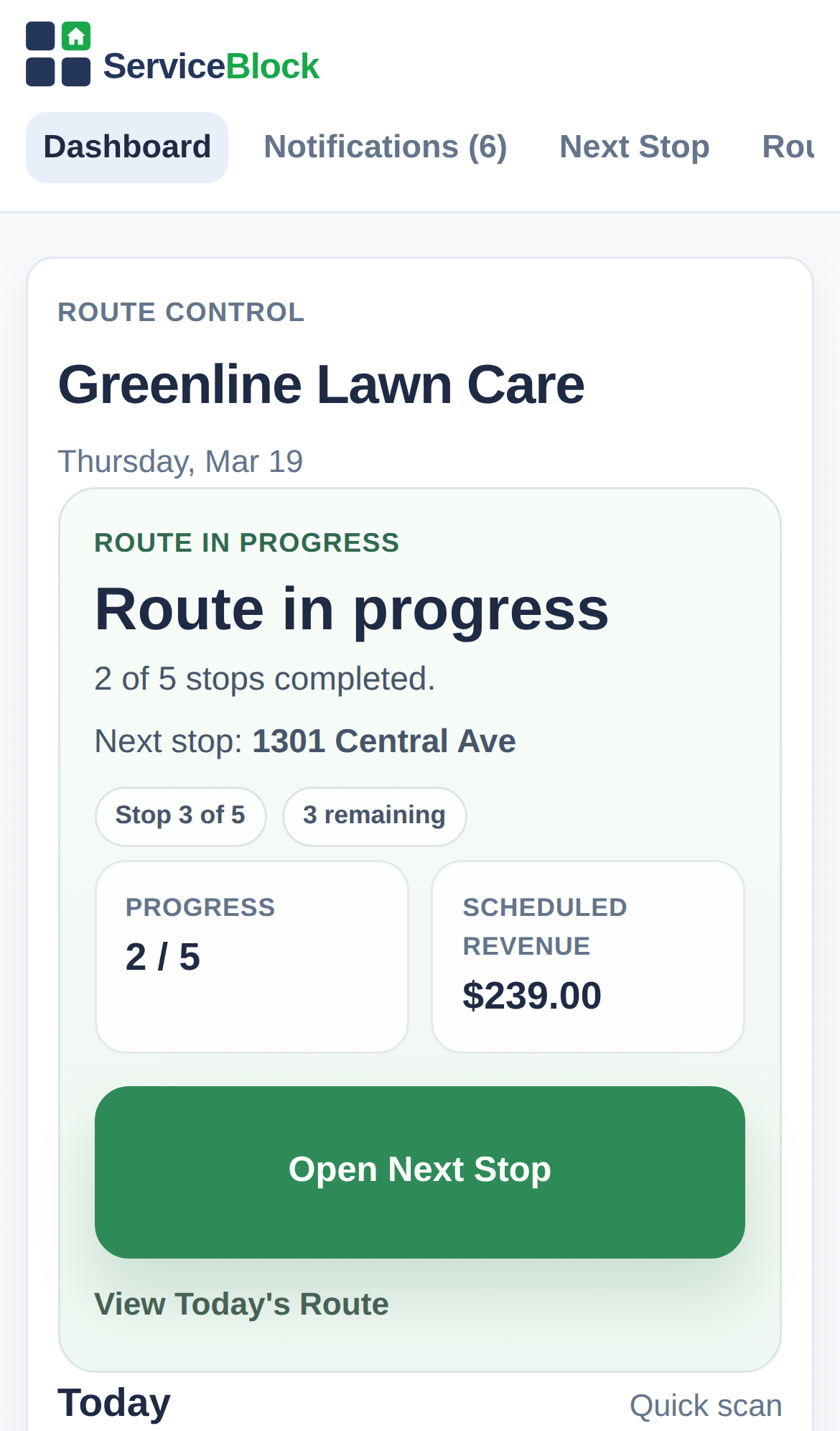 Mobile screenshot of the contractor owner view screen